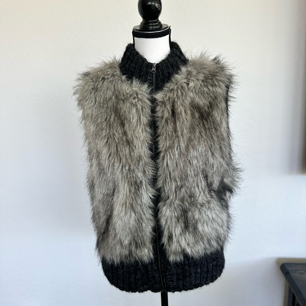 LOFT Charcoal Knit Vest with Faux Fur Trim